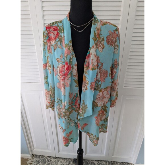 Eyeshadow Cardigan Sz L Aquabreeze French Country Floral Lightweight Kimono Boho - Picture 1 of 9